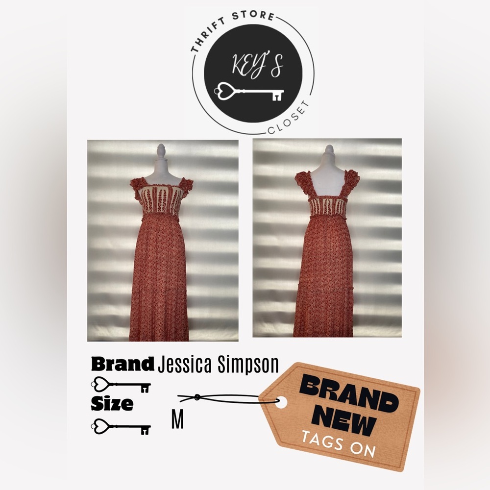 Flutter strap, ruched bust, floral maxi dress. Rusted red and beige color.